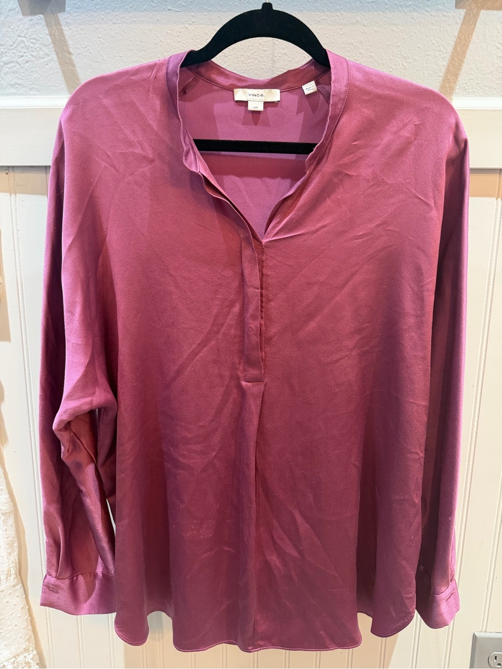 Vince Women's Silk Pink Split-Neck Long Sleeve Blouse